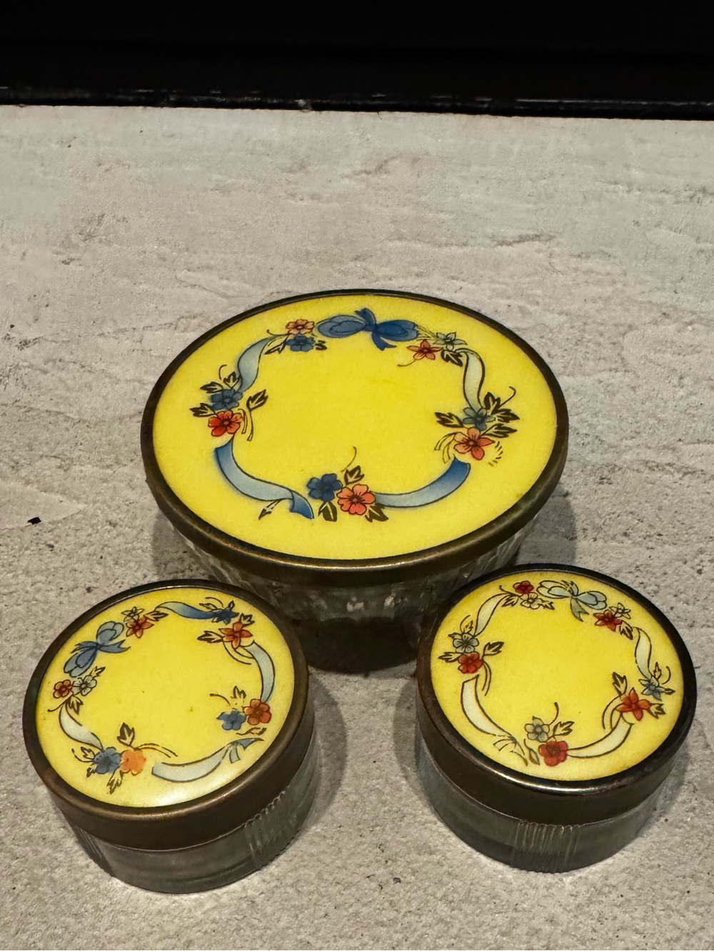 Yellow Floral Enamel Vanity Tray Set - Decorative Bathroom Jars